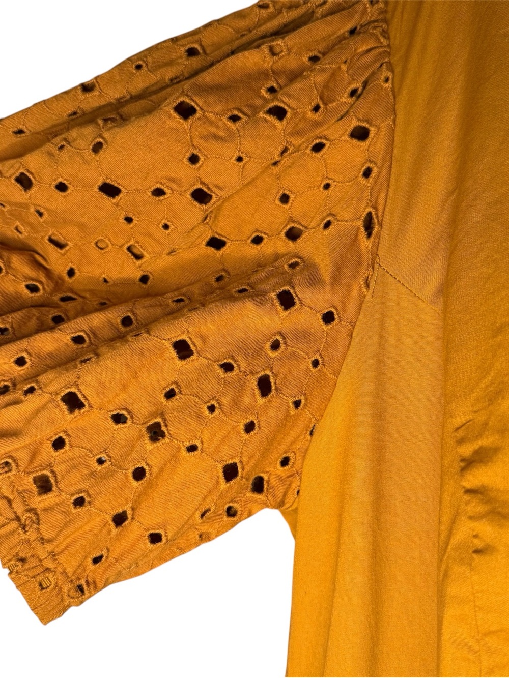 Ava & Viv Mustard Eyelet Puff-Sleeve V-Neck Midi Dress - Picture 3 of 7